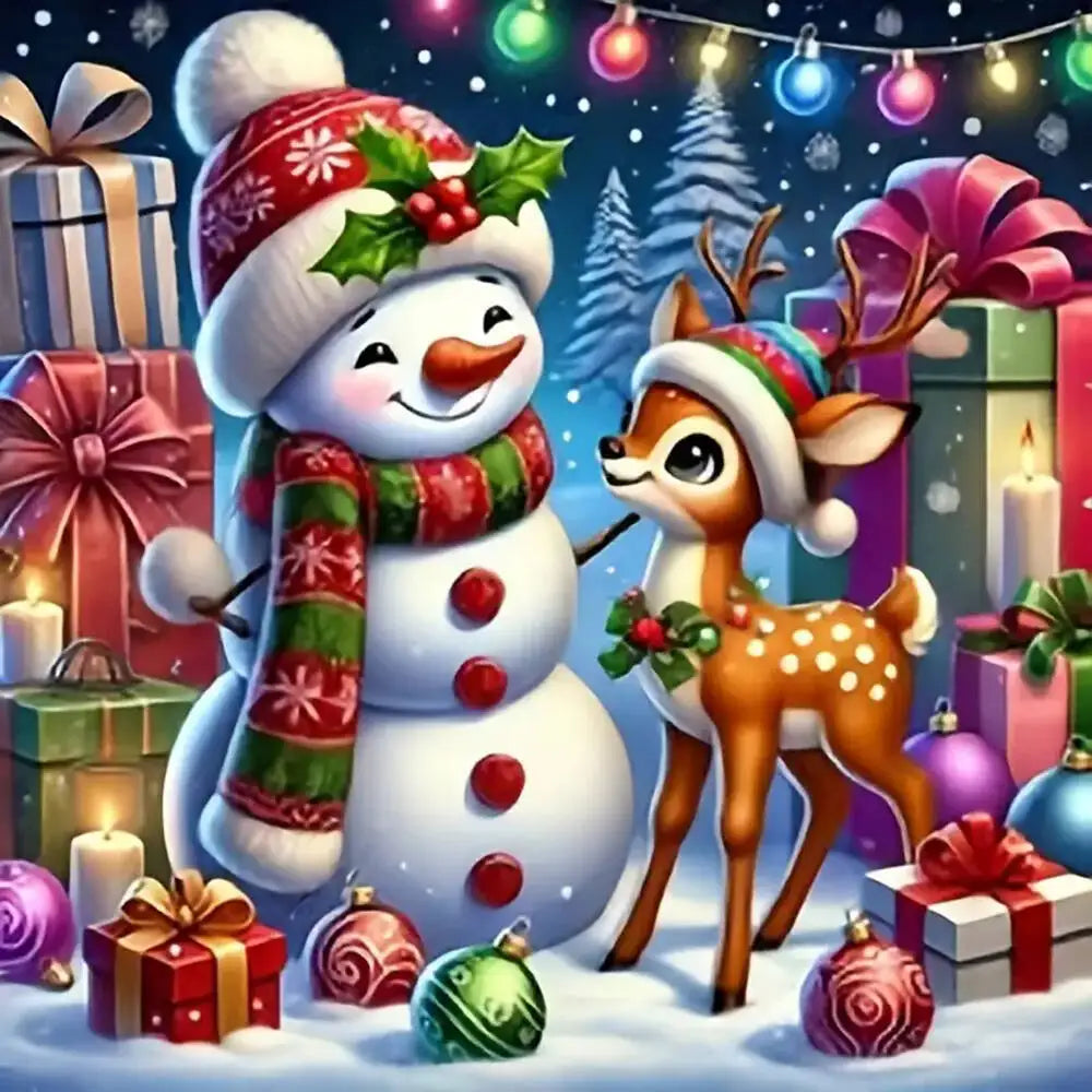 A festive 5D diamond painting kit featuring a snowman and a deer in a snowy Christmas scene.