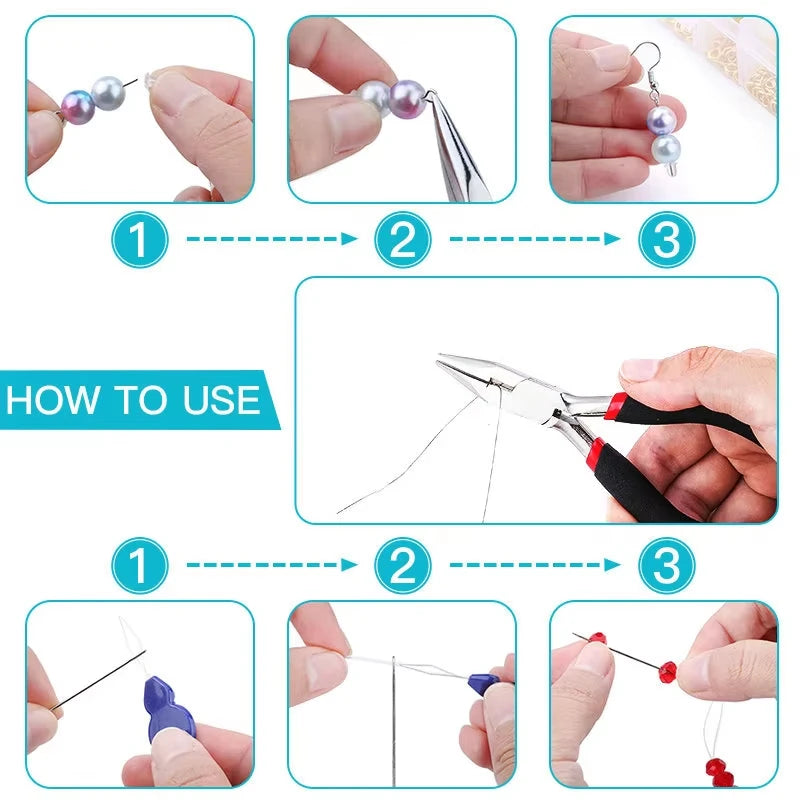 Instructions showing how to use a jewelry making kit with tools and findings for creating beaded jewelry