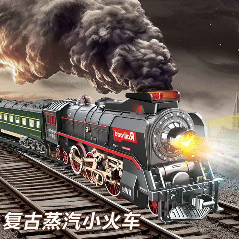 A black vintage steam train model is shown on tracks with smoke and a bright spray effect.