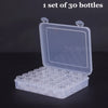 A clear plastic storage box containing 30 round bottles with labels, shown open on a dark surface.