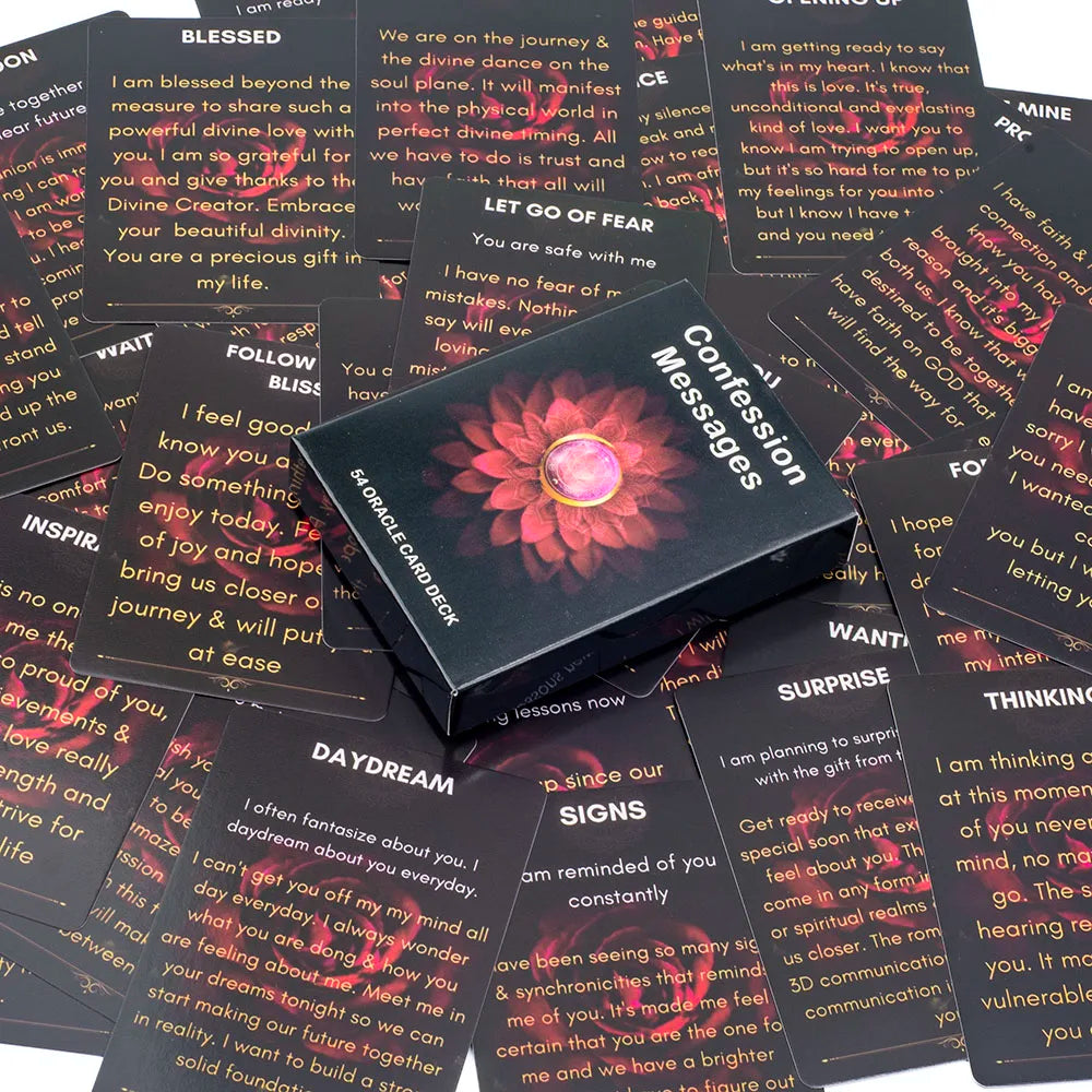 A stack of black cards from a 54-Card Oracle Deck for Love & Confession Messages with various messages