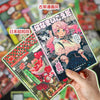 A hand holds a colorful sticker book featuring illustrations of a girl and various Japanese-style designs.