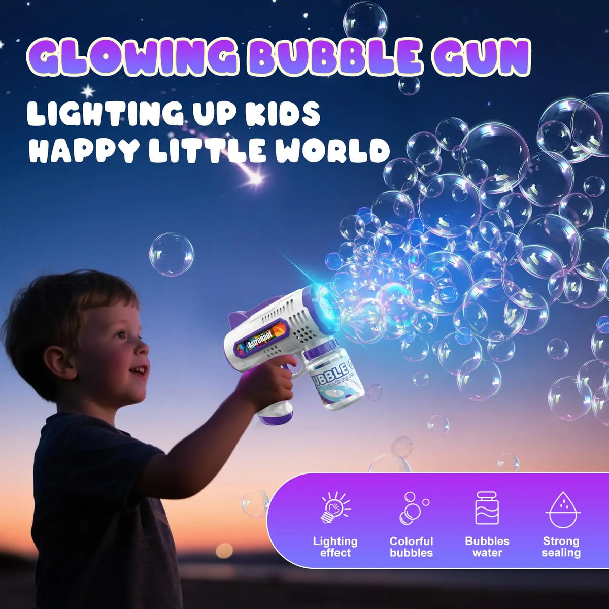 A young boy is playing with a glowing bubble gun that creates colorful bubbles and lighting effects.