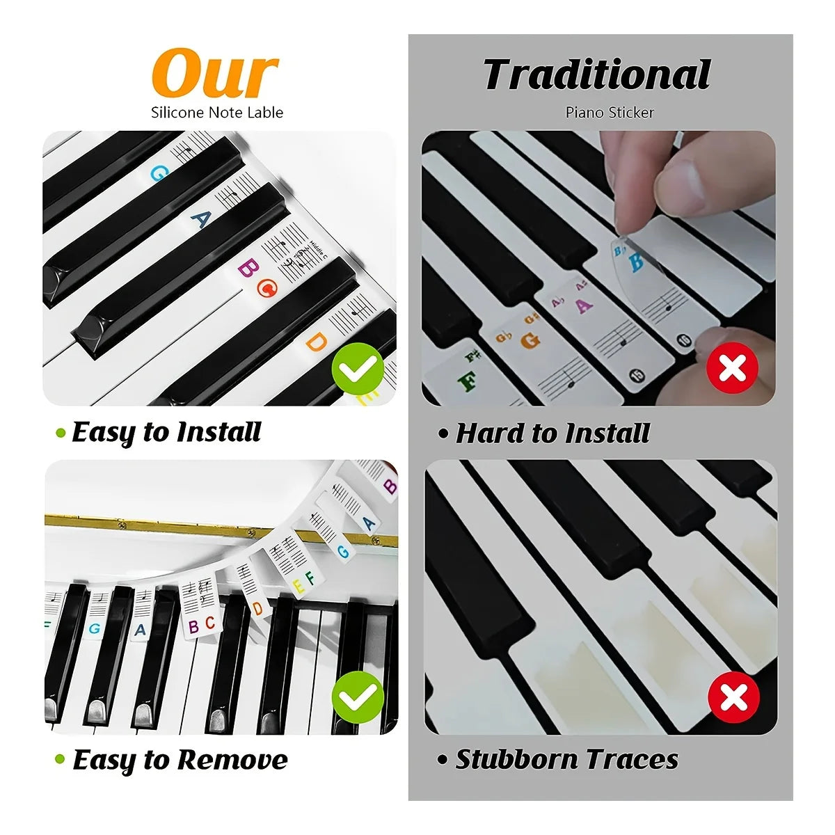 Reusable Silicone Piano Key Note Labels for 88-Key Full Size Keyboards