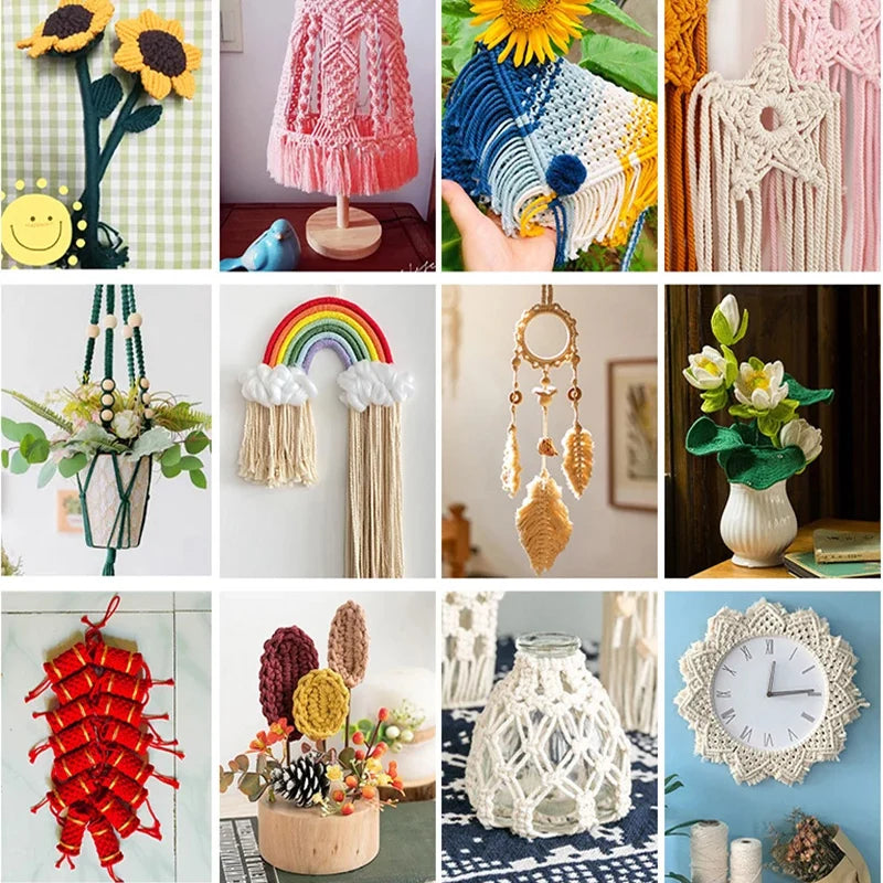 A collection of macrame crafts including plant hangers, wall hangings, and decorative items made from 3mm cotton cord.
