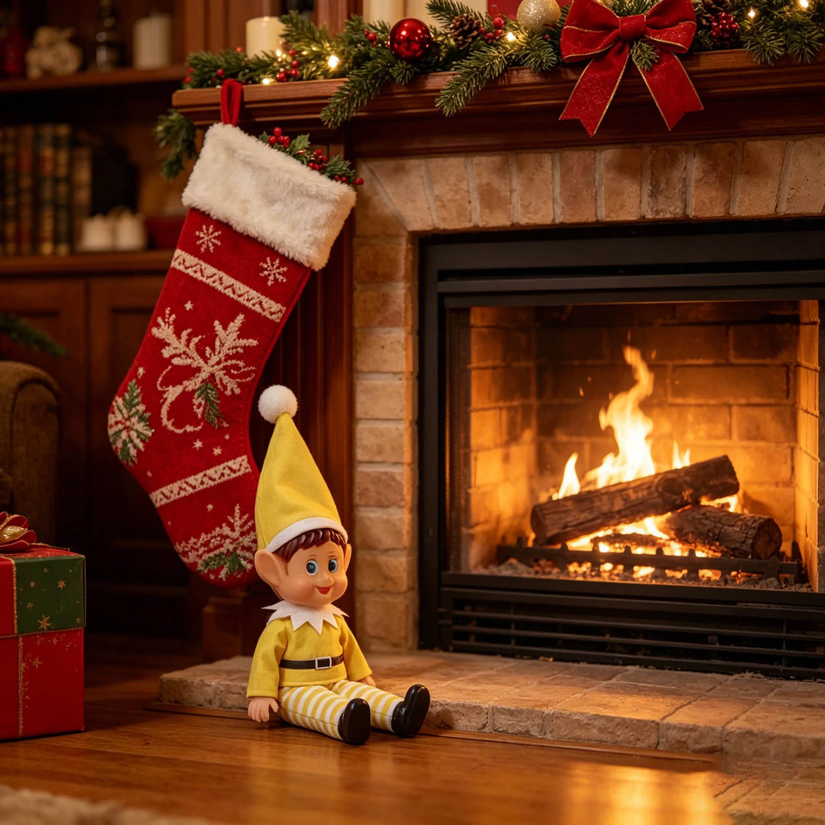 A yellow elf figure is sitting on the hearth in front of a fireplace decorated with Christmas greenery and a red stocking.