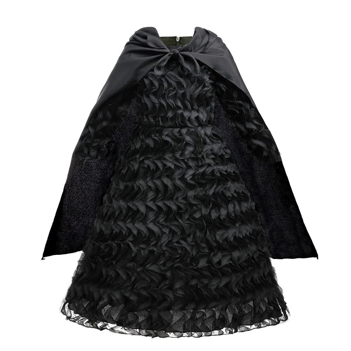 Black kids costume dress for a girl featuring a witch theme with a voluminous skirt.