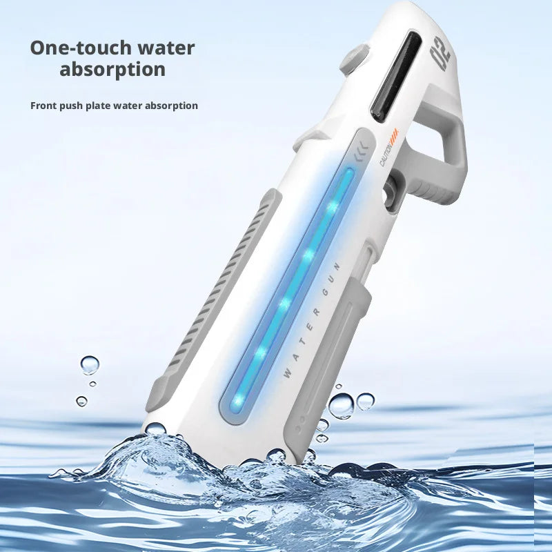 A white electric water gun is shown absorbing water, demonstrating one-touch water absorption.