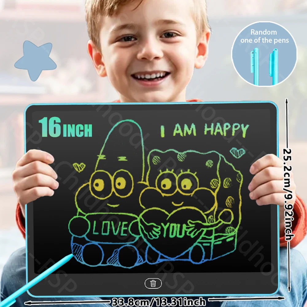 A smiling young boy holds a blue LCD drawing tablet displaying a yellow outline of happy cartoon characters.