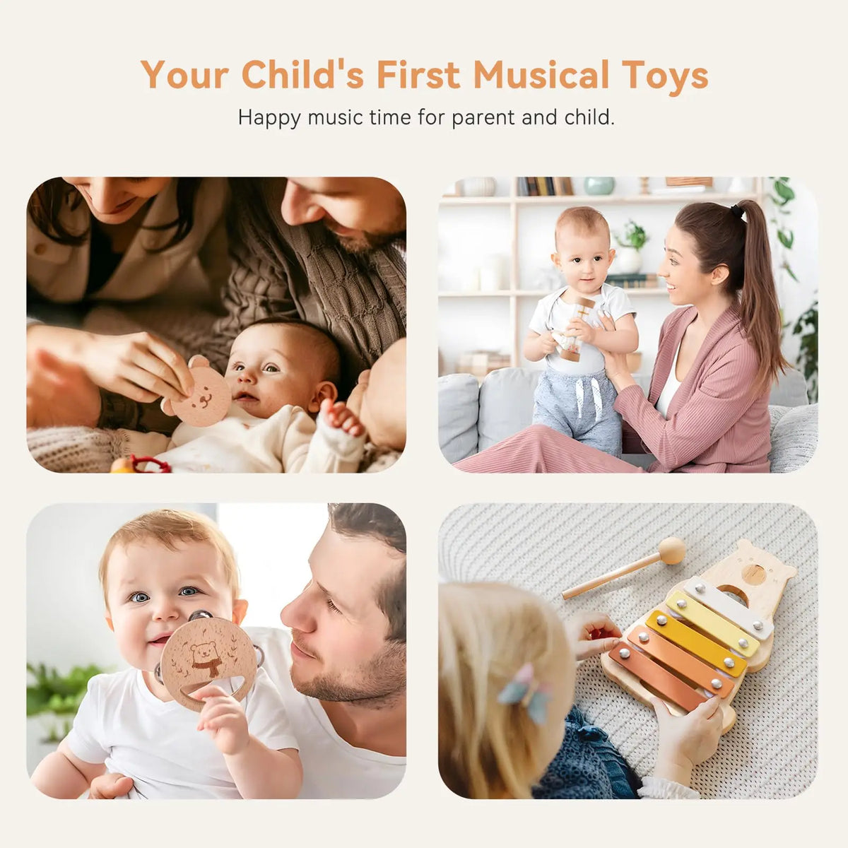 A set of wooden bear musical instruments being played by a toddler and an adult.