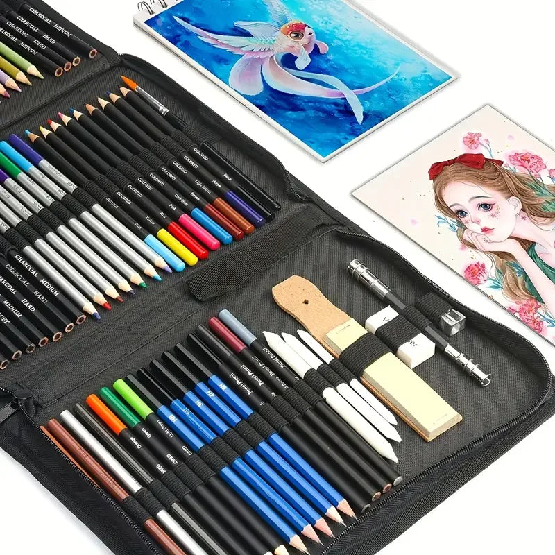 A black drawing set containing 72 professional art pens and a watercolor painting.