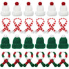 A set of mini knitted hat and scarf accessories for dolls featuring red and white patterns.