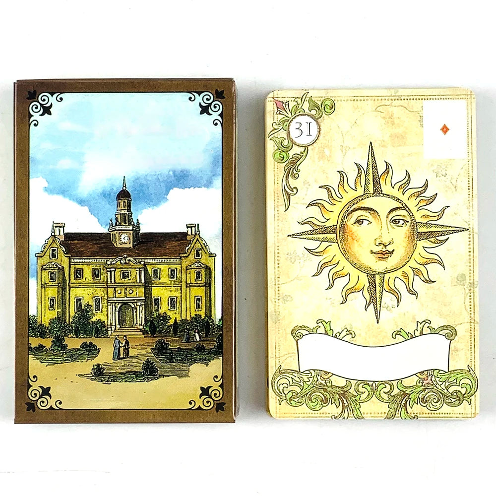 A rectangular Lenormand oracle card deck featuring a yellow card with a sun symbol and a number 31.