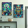 A vibrant diamond painting featuring a cat and an owl in a colorful mosaic style.