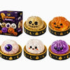 A set of Halloween-themed squishy stress relief toys including a pumpkin, a ghost, and a purple slime.