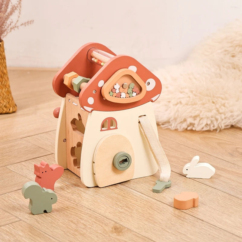 A wooden mushroom castle stacking toy puzzle for kids featuring various pieces and a climbing structure.