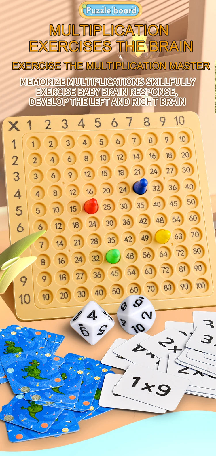 A yellow multiplication board game with numbered tiles, dice, and cards for practicing multiplication skills.