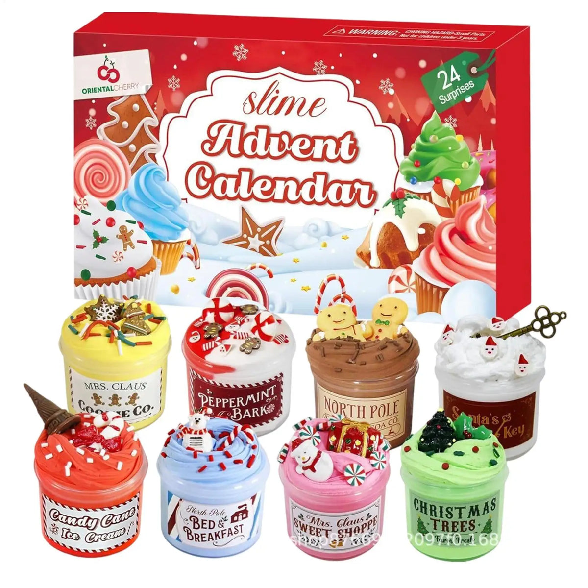 A red box containing a 24-day slime advent calendar with various themed treats and slime containers.