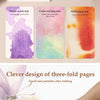 Three-fold pages of a watercolor coloring book showing water mark, color mixing, and diffusion tests
