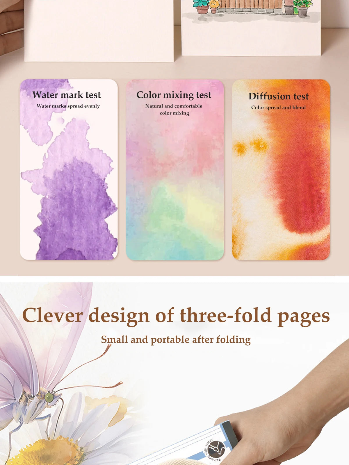 Three-fold pages of a watercolor coloring book showing water mark, color mixing, and diffusion tests