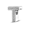 A sterling silver alphabet charm shaped like the letter T, encrusted with cubic zirconia stones.