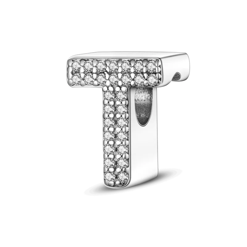 A sterling silver alphabet charm shaped like the letter T, encrusted with cubic zirconia stones.