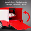 Red 1:64 scale diecast container truck with trailer showing multiple doors opened simulation details