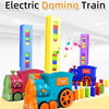 A yellow electric domino train toy featuring colorful vertical carriages and wheels.