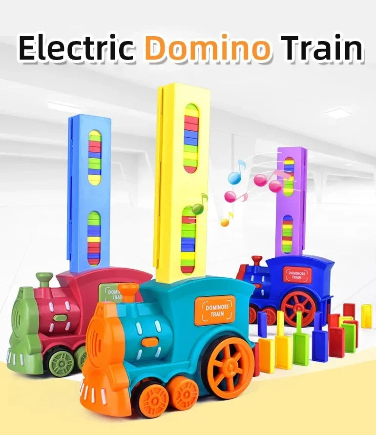 A yellow electric domino train toy featuring colorful vertical carriages and wheels.