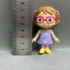 A playful cartoon PVC figurine of a girl with brown hair and pink glasses wearing a purple dress.