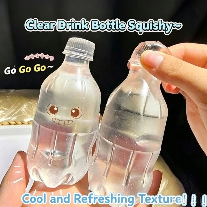 A hand holds a clear plastic bottle squishy toy with a cute face, showing its refreshing texture.