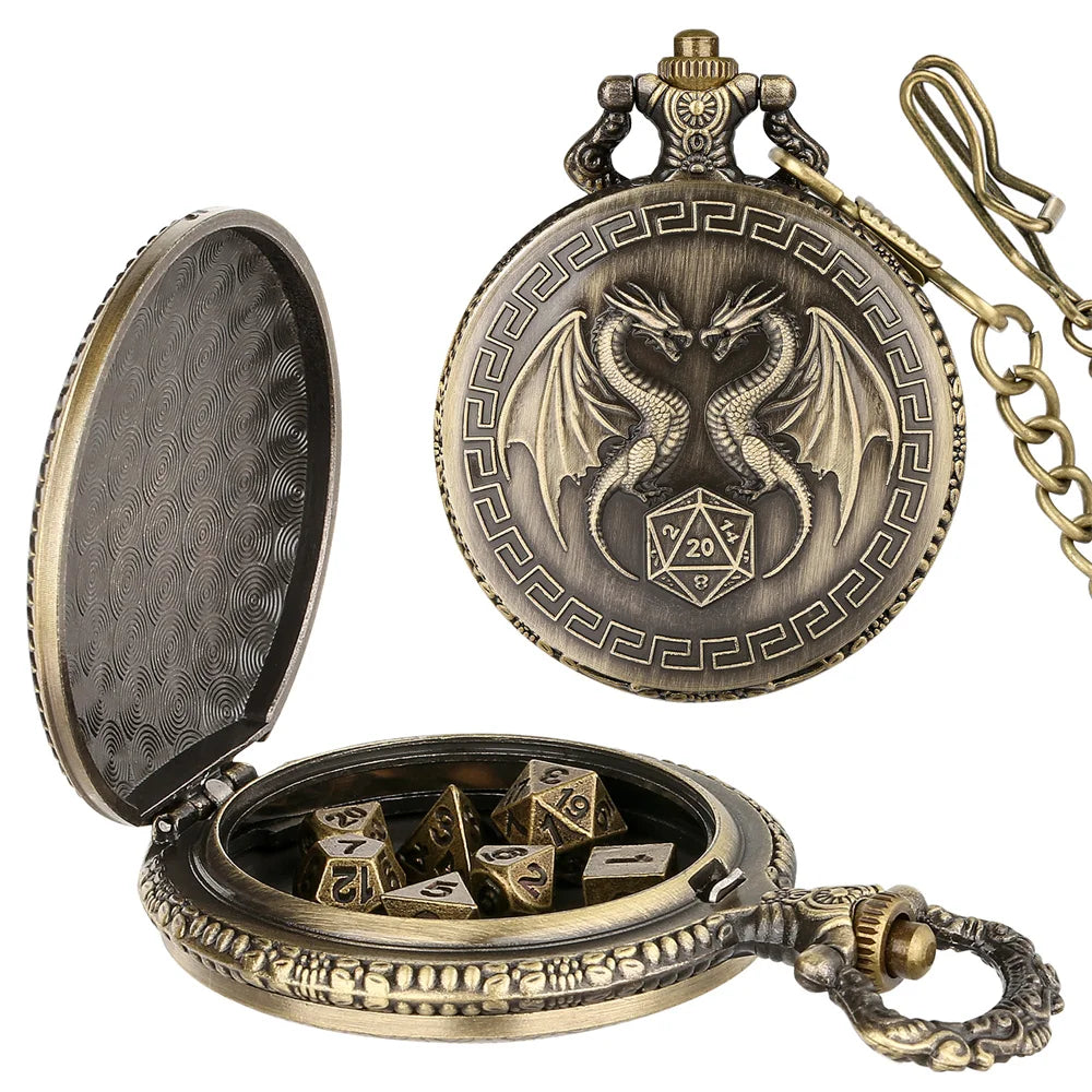 A brass steampunk dragon pocket watch dice case with a lid and seven mini dice.