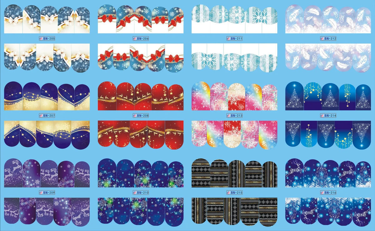 A collection of Christmas themed nail art stickers featuring festive designs and glitter for manicures.