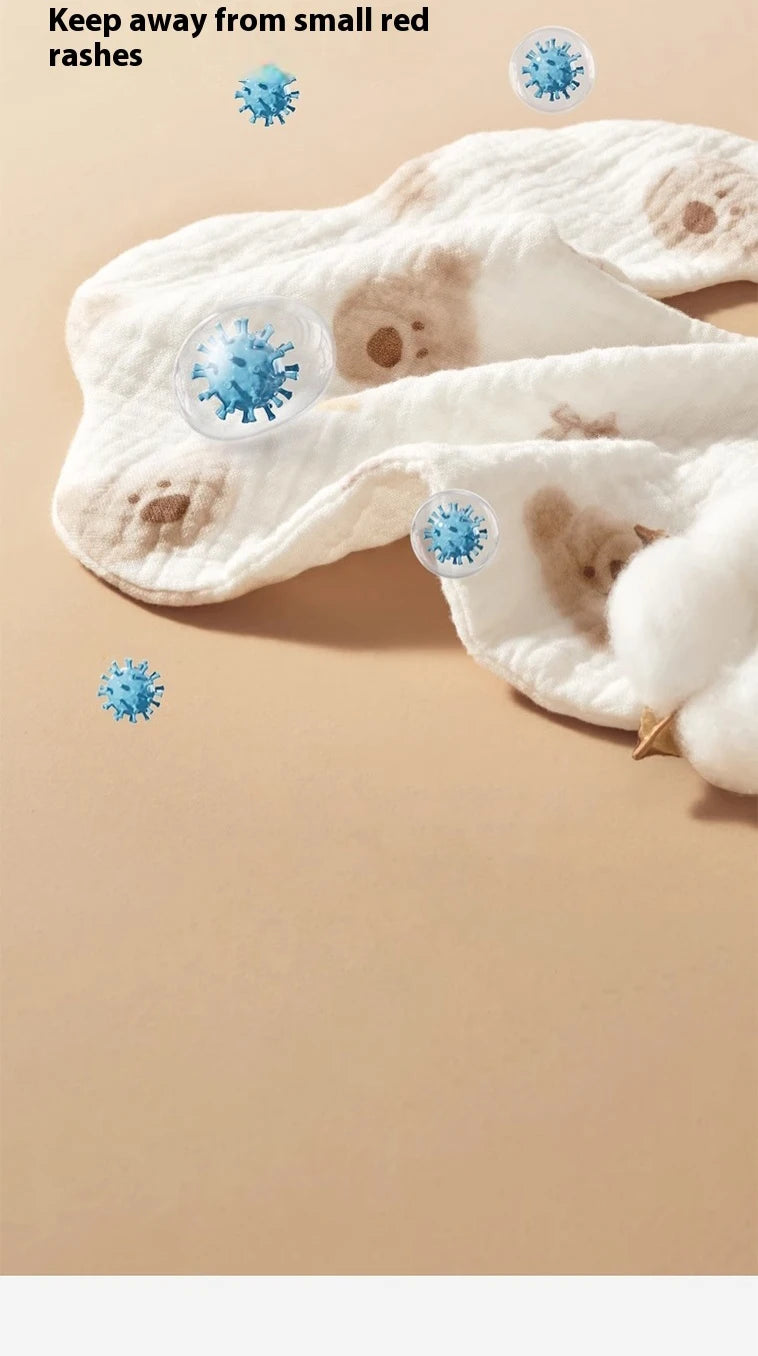 A white baby bandana bib is shown with small red rashes and blue virus icons, emphasizing keeping away from rashes.