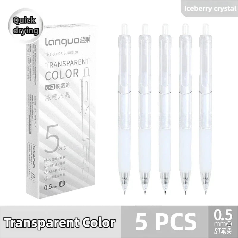 Box of 5 transparent color quick-drying gel pens with 0.5mm tips