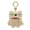 A light beige plush monster keychain with rabbit features and a loop for attaching to keys.