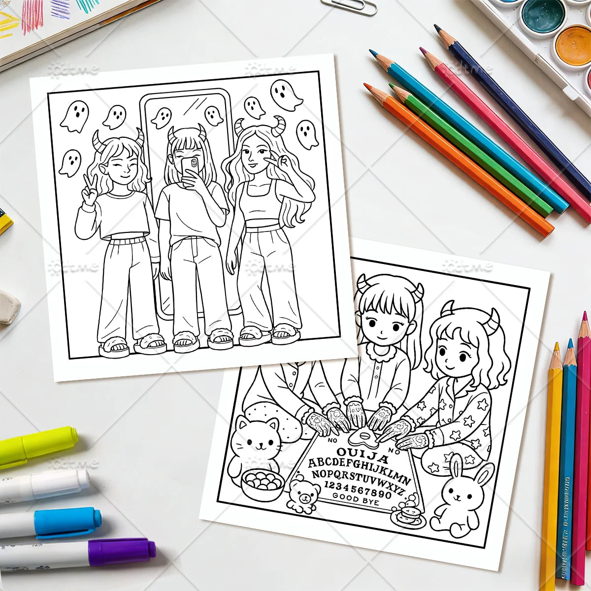 A coloring book featuring spooky scenes with cute characters and letters for adults