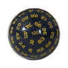 A black 100-sided polyhedral die with gold numbers visible on its surface.