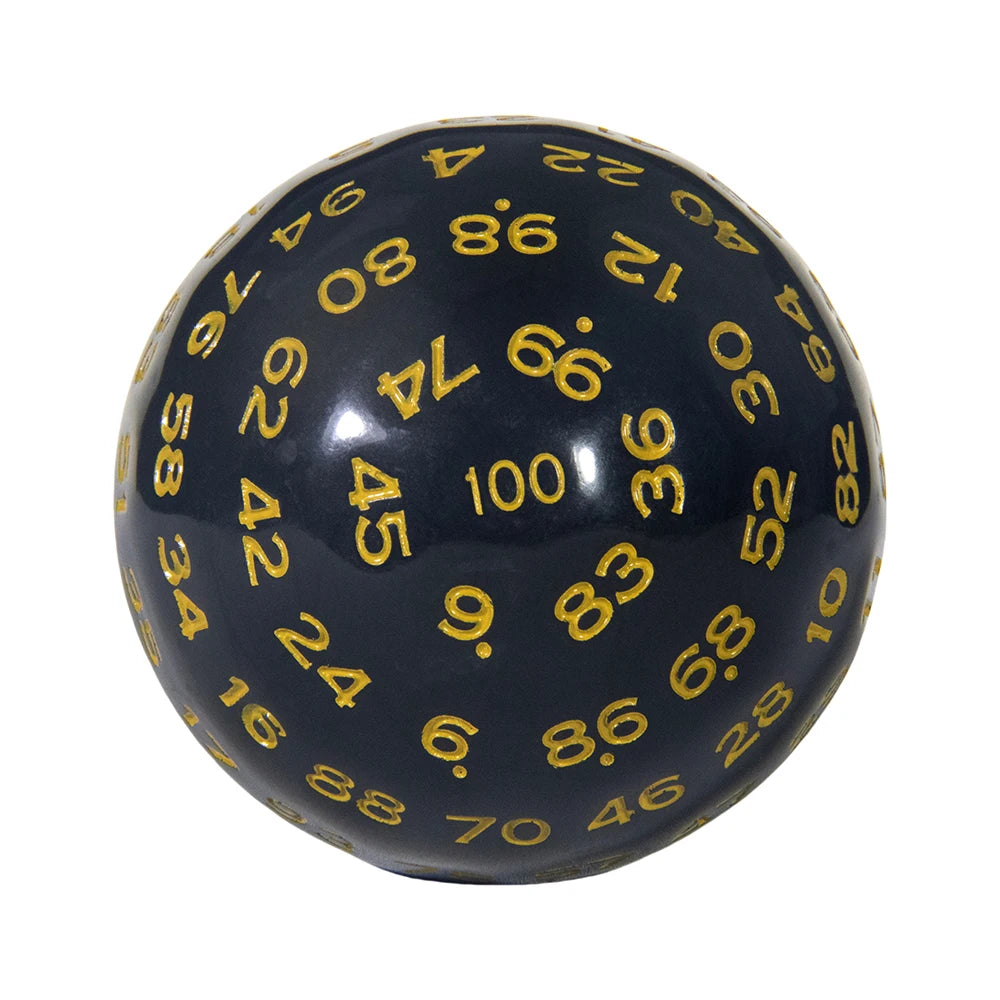 A black 100-sided polyhedral die with gold numbers visible on its surface.