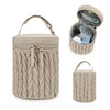 A beige knitted organizer bag for a baby stroller, featuring a zippered top and a separate storage pouch.
