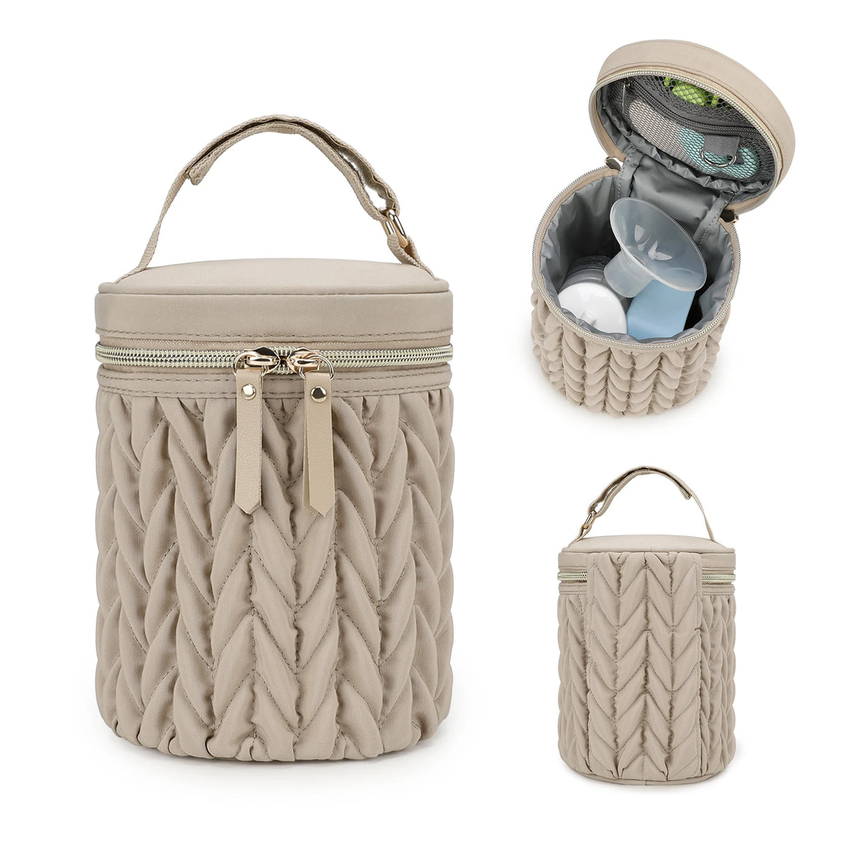 A beige knitted organizer bag for a baby stroller, featuring a zippered top and a separate storage pouch.