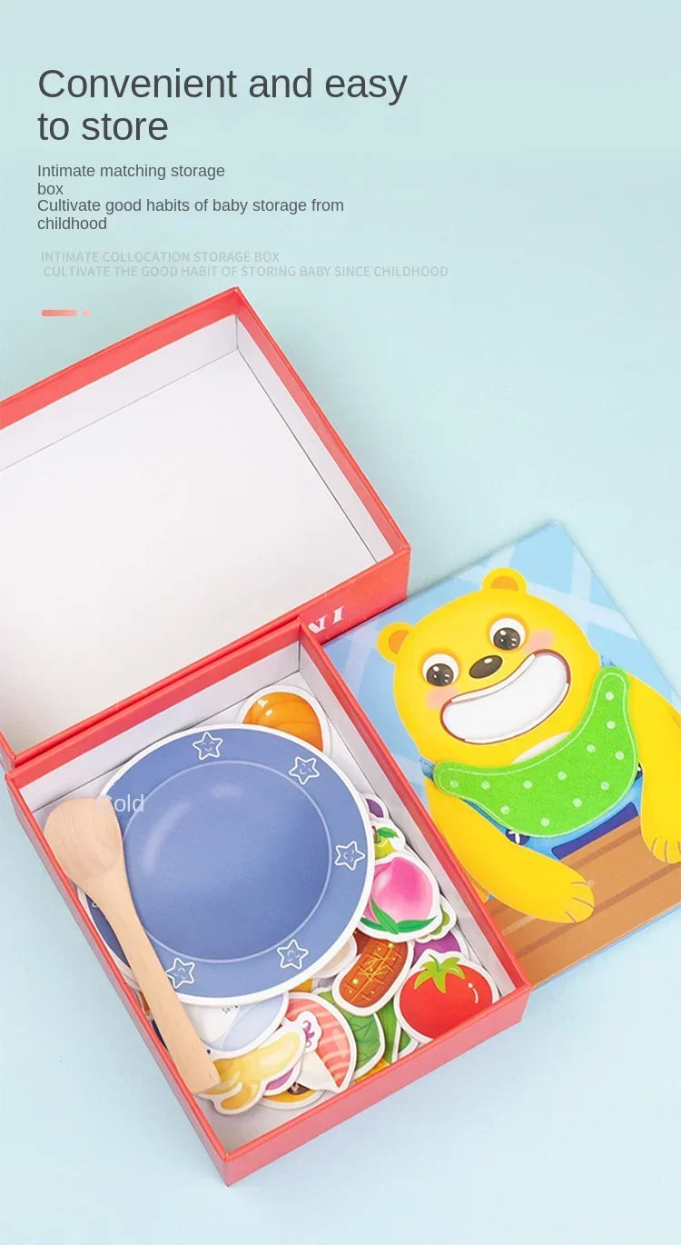 A red box containing a Montessori wooden bear feeding game with various food items and utensils for toddlers.