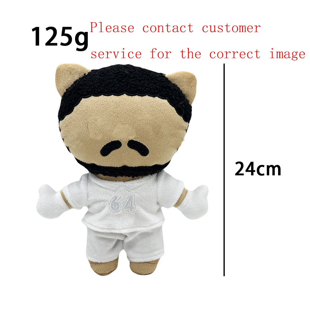 A light brown plush doll resembling Eminem with a black mustache and white clothing.