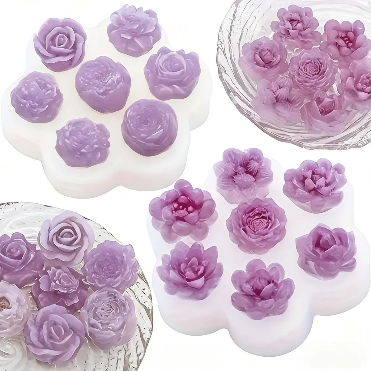 Silicone mold with multiple rosette leaves for cake and chocolate decorating in purple shades
