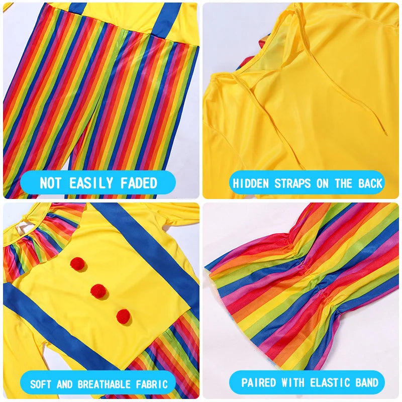 Yellow and rainbow striped clown costume set featuring soft breathable fabric and hidden straps