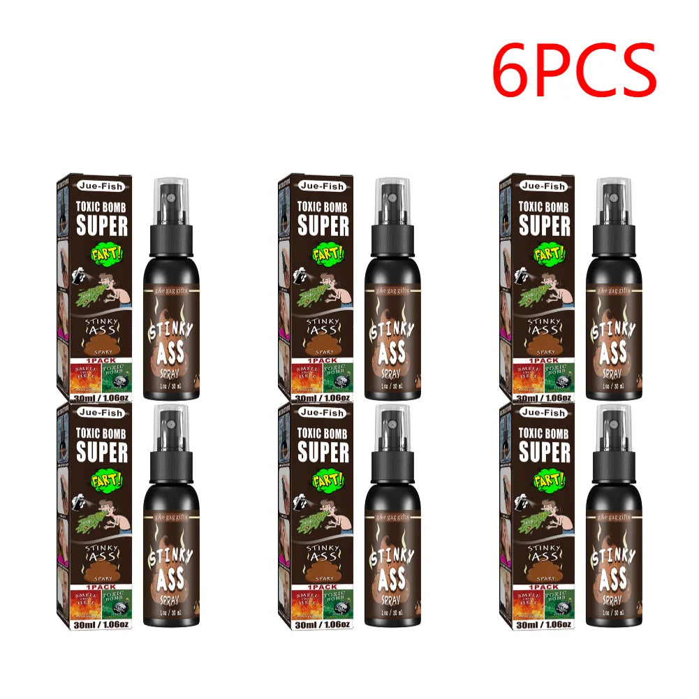 Six packs of Stinky Ass fart spray prank gag products displayed in dark packaging.