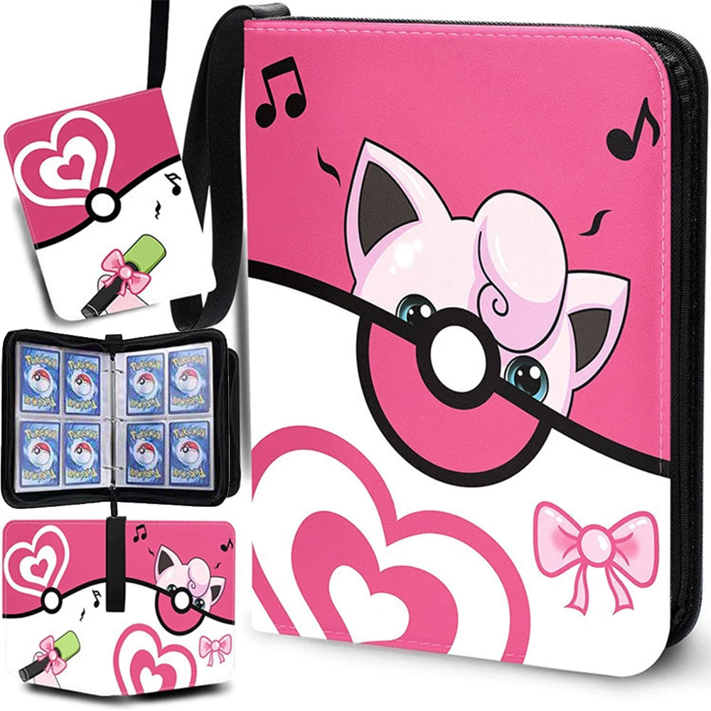 Pink and white PU leather card binder with a zipper featuring a cute pink pig design.