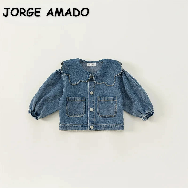 A blue denim jacket for kids featuring a ruffled collar and front pockets.