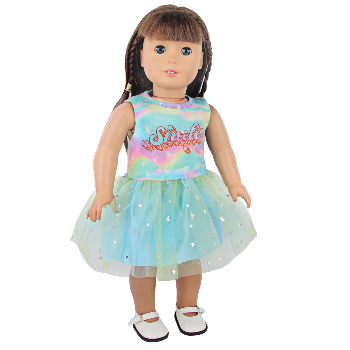 A doll wearing a light blue and pink unicorn themed outfit with a sparkly skirt and top.