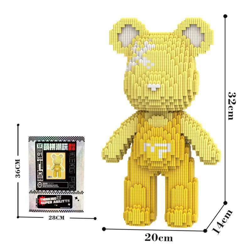 A yellow kawaii bear figure made of micro building blocks, measuring 32cm tall.